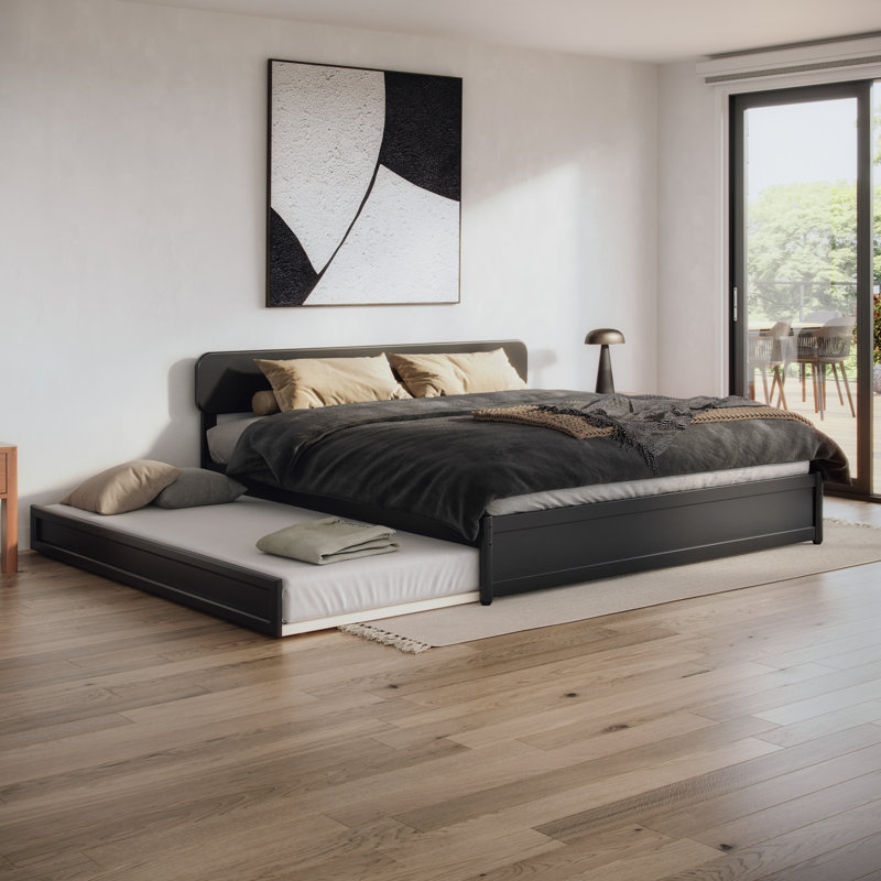 Ause Solid Wood Platform Bed with Matching Trundle, King, Black