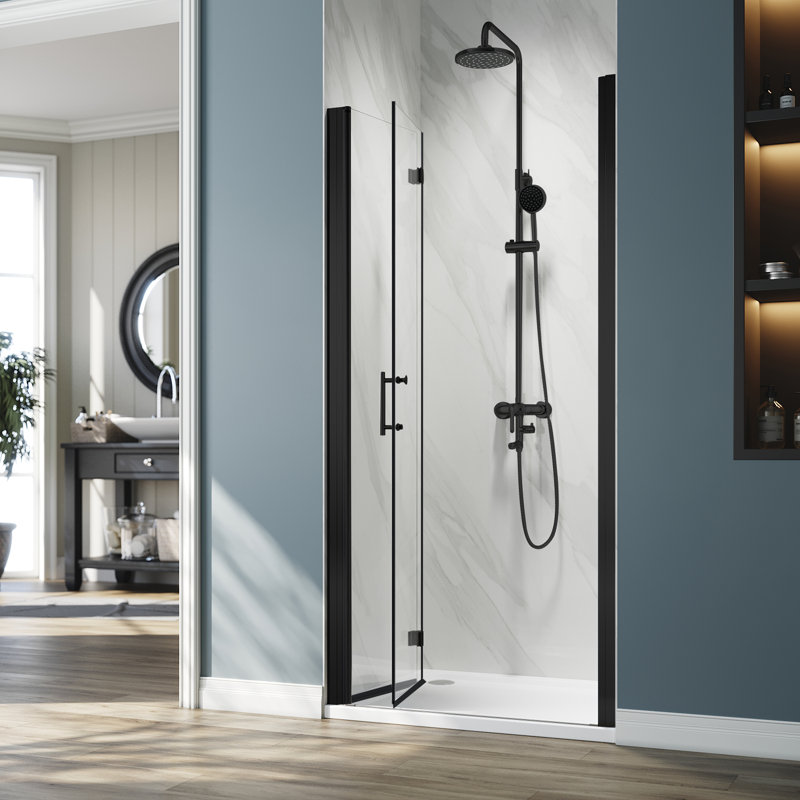 BFH 30"W*72"H  Folding Frameless Shower Door,6mm Clear Tempered Glass, 180° Folding Hinge, Chrome, Matte Black