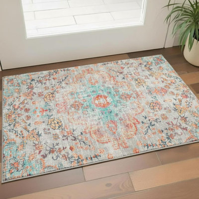 Tapis lavable délavé médaillon orange et gris 3 pi x 5 pi sarcelle