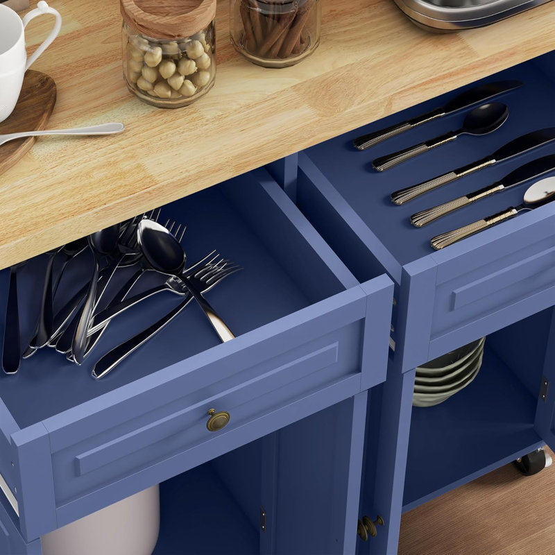 Mobile Kitchen Island With Rubberwood Countertop, Spice Rack, Towel Bar, And Storage Drawers For Efficient Organization