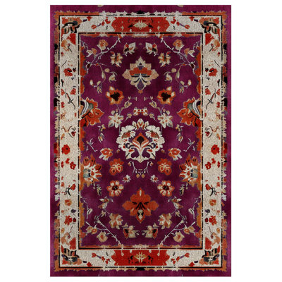 Derya Collection Digital Print Cotton-Polyester Purple Floral Rug
