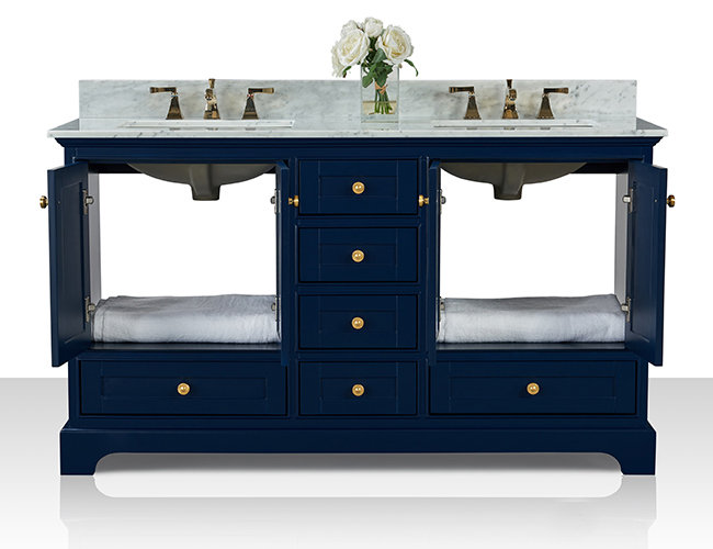 Audrey 60'' W Double Vanity, Gold, White, Carrara White
