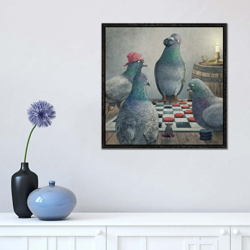 Checker Playing Pigeons by Terry Fan - Print on Canvas, Black Framed, 45.72 cm H x 45.72 cm W
