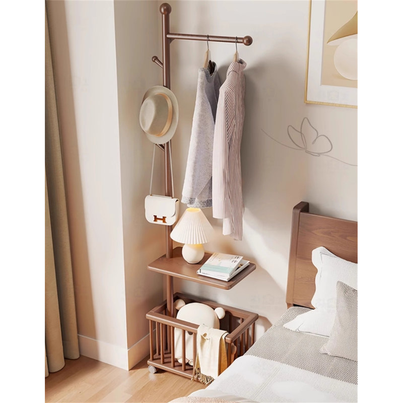 Multifunctional Solid Wood Clothes And Hat Stand With Laundry Basket, Brown