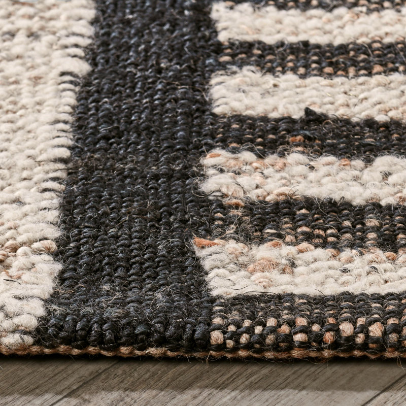 Handmade Black and Natural Wool Striped 8' x 10' Rug