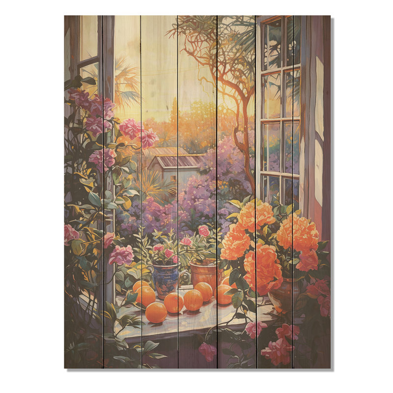 Sunset Florals Windows View In Italy III - Fenêtre florale sur bois, H 32 po x l 24 po