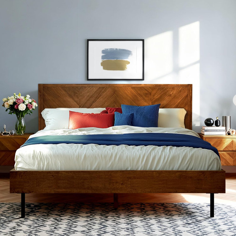 Solid Wood Bed Frame with Headboard, Platform Bed 800lbs Capacity, Compatible with All Mattress Types, Scandinavian Signature, No Box Spring Needed