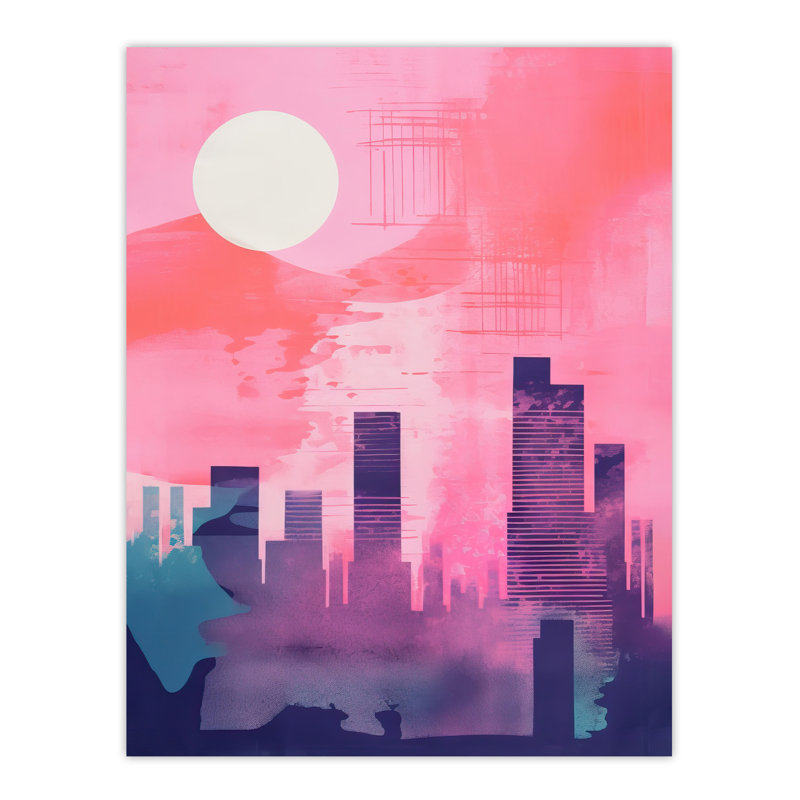 Wall Art Print Sunrise City Silhouette Pink Watercolour Painting Poster