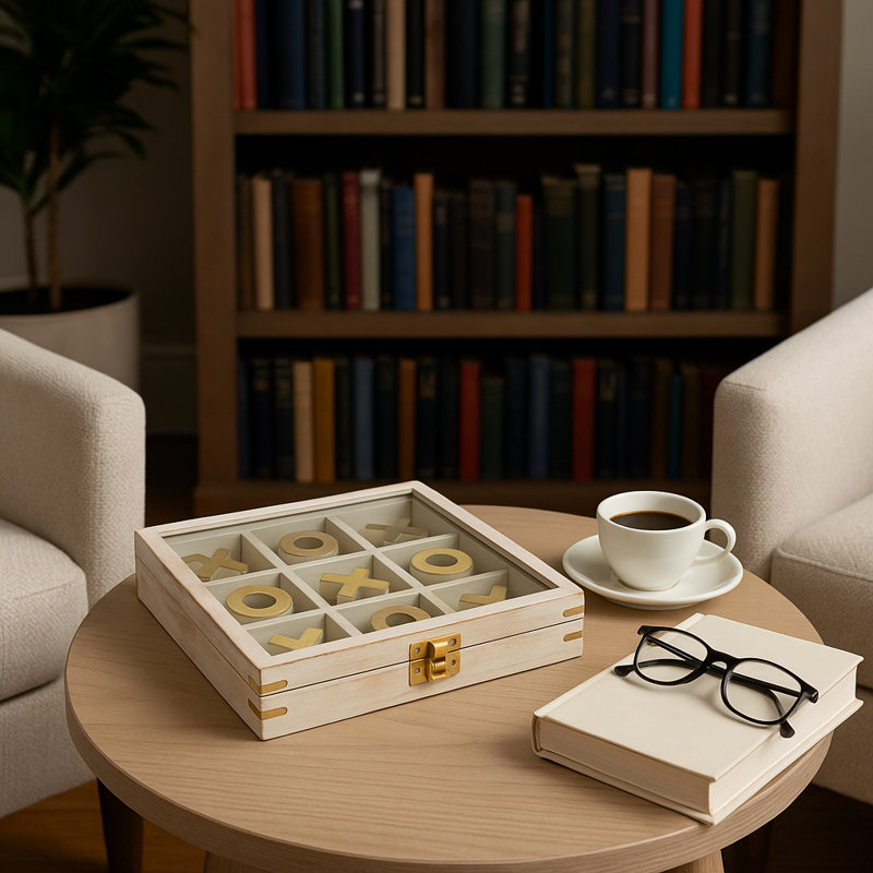 Jeu de table moderne moderne Tic Tac Toe pour le salon - Jeu classique décoratif pour la décoration d'une table basse ou d'une soirée de jeux en famille - 8 po, blanc et or