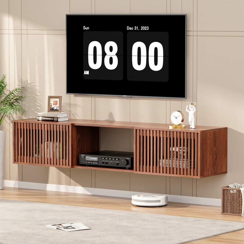 Meuble télé flottant pour console multimédia murale jusqu'à 80 po avec portes à lattes rabattables