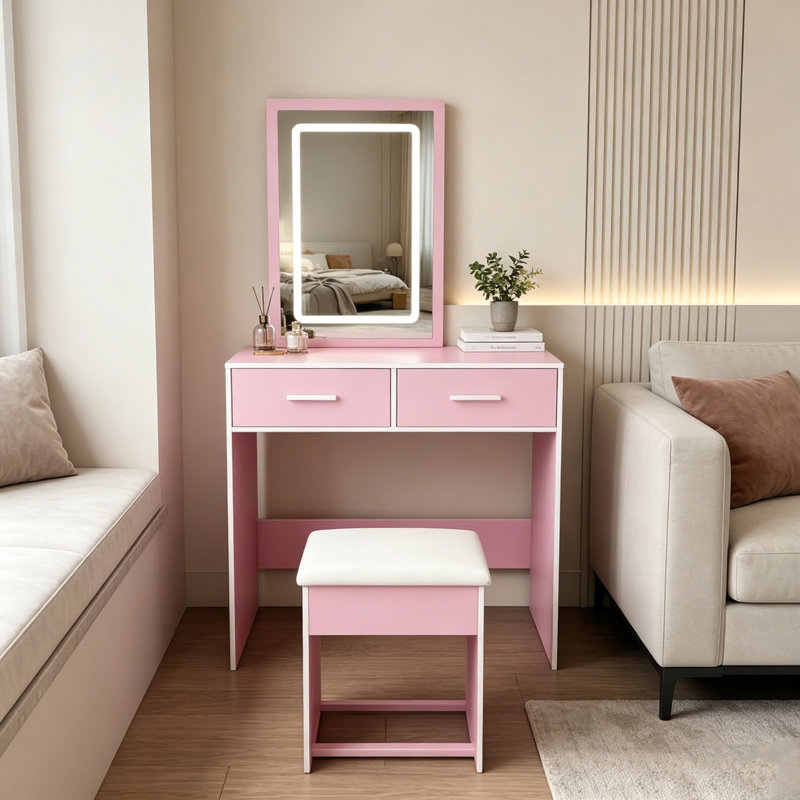  Petit meuble-lavabo de maquillage avec lumières DEL réglables et miroir, prise de courant intégrée et support pour sèche-cheveux avec 2 tiroirs et tablette, coiffeuse avec tabouret pour chambre à coucher, blanc