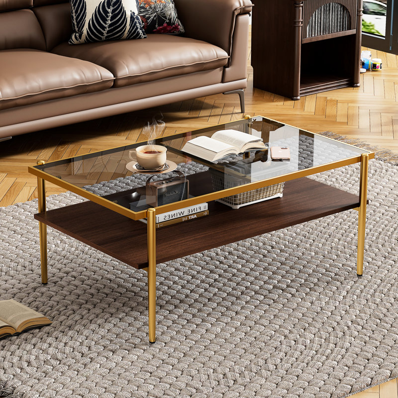 Table basse rectangulaire en verre trempé avec finition et cadre en métal, Brun