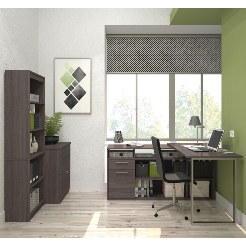 Carreno 118W 60W L-Shaped Desk with Lateral File Cabinet and Bookcase, Bark Gray