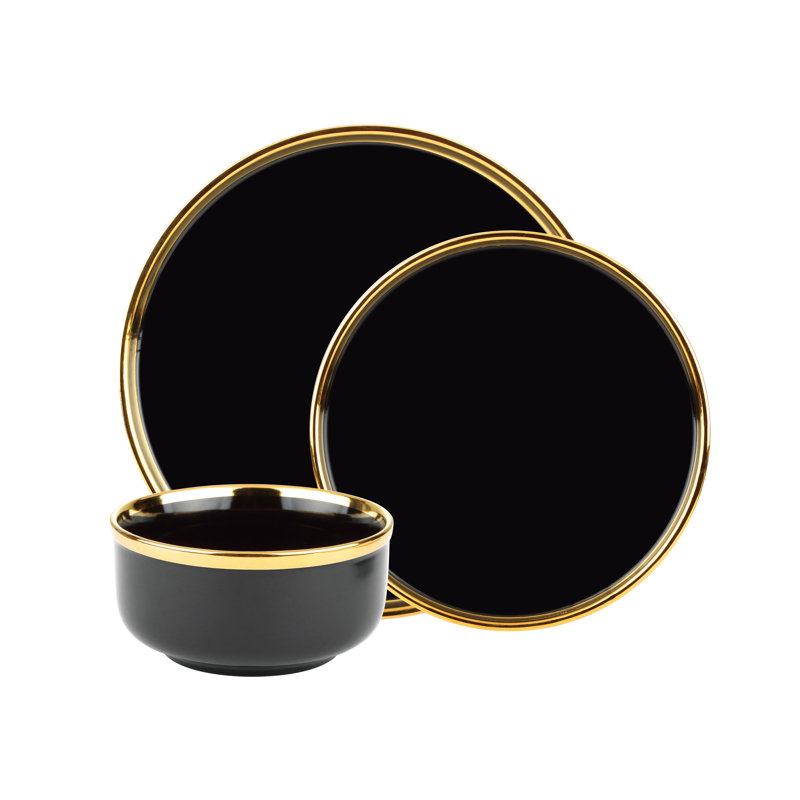 Luxurious Black and Gold Ceramic Dinnerware Set, Service for 4