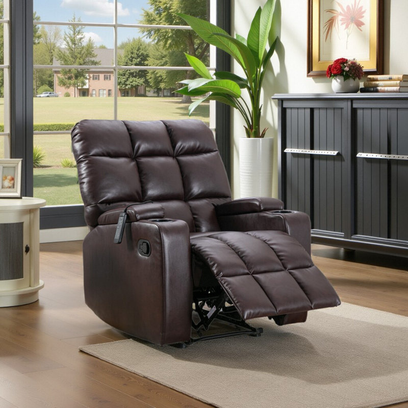 33.5" Wide Modern Faux Leather Soft Backrest Manual Release Recliner with Massage & Arm Storage & Dual Cup Holder