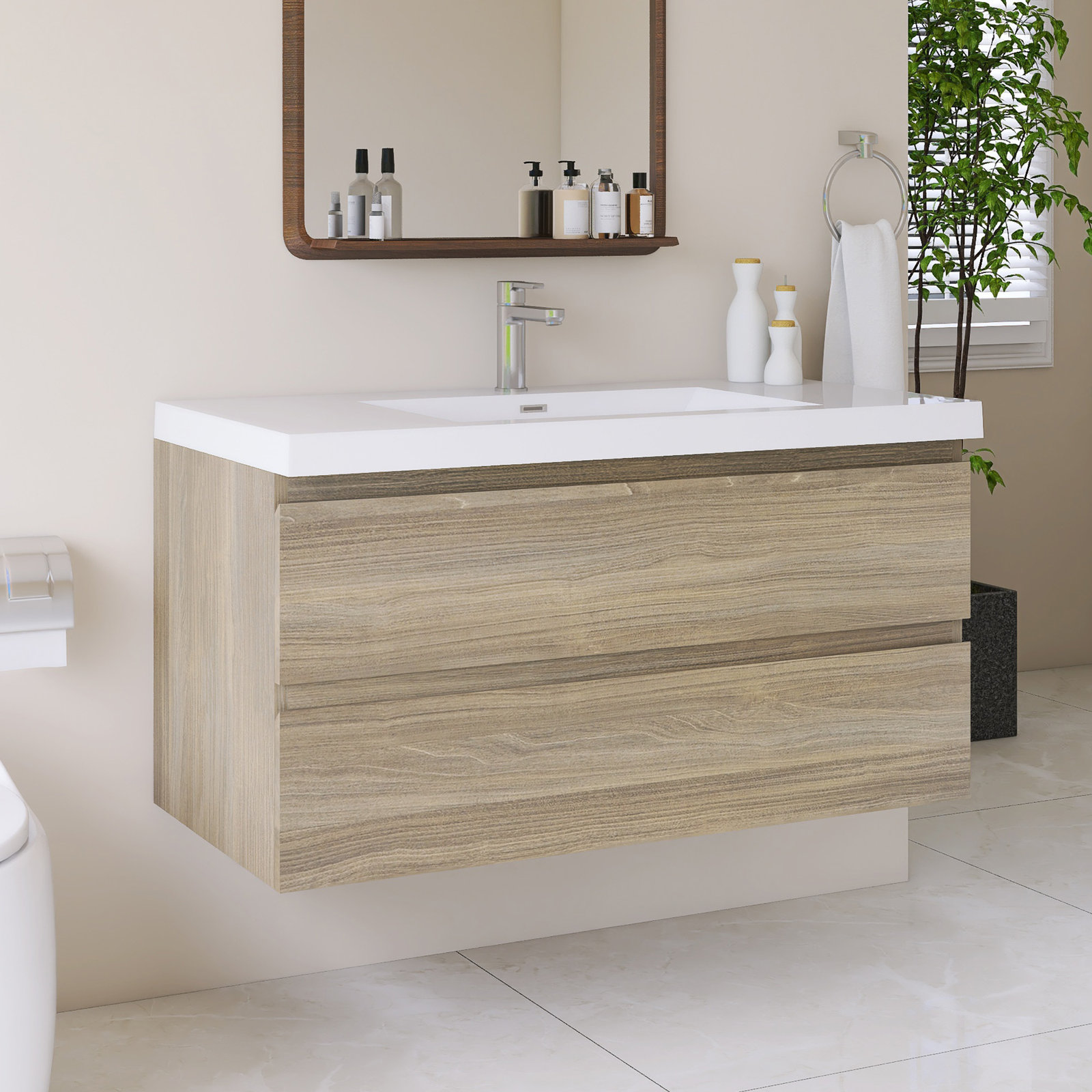 Wall Mounted Single Bathroom Vanity With White Integrated Resin Top, Gray, 42"