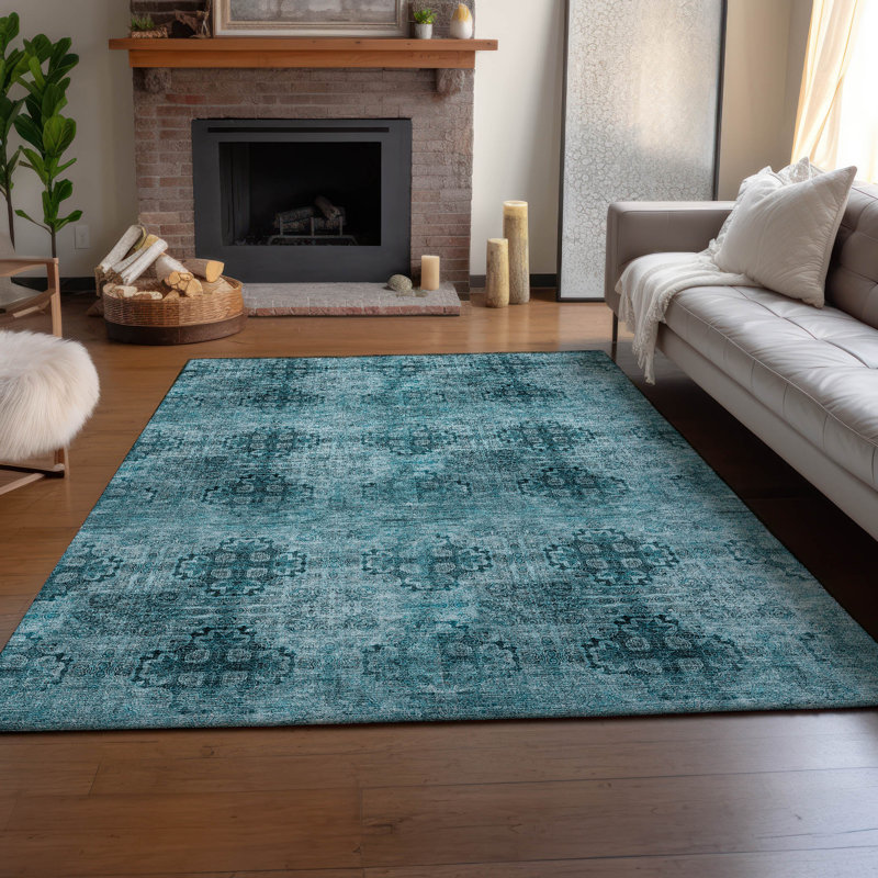 Teal Rectangular Washable Synthetic Boho Rug 46" x 30"