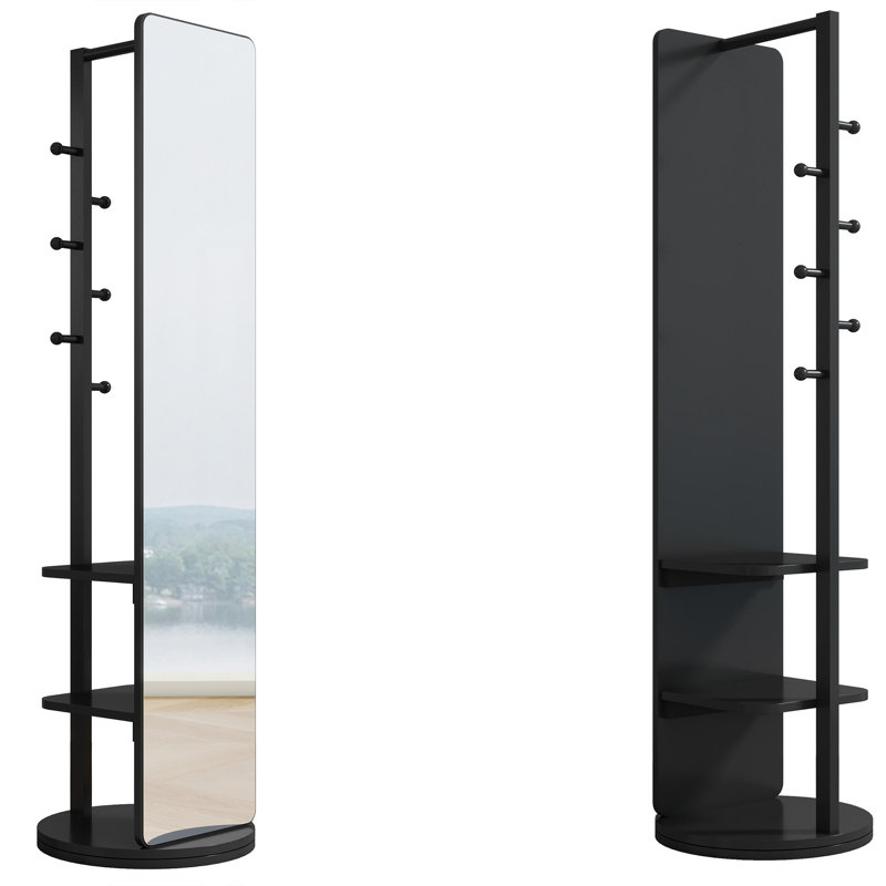 Black Solid Wood Full-Length Mirror with Coat Rack