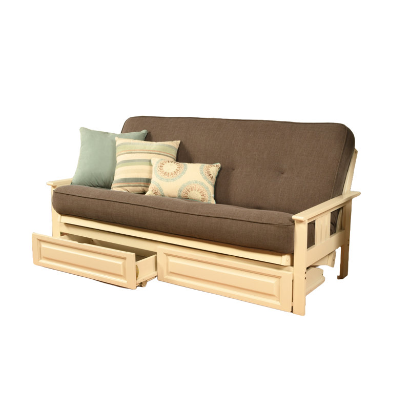 Stratford Full-Size Futon Frame Includes Storage Drawers and Mattress, Innerspring, Linen Cocoa, Antique White
