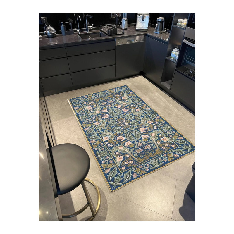 Tapis décoratif traditionnel à motif de feuilles lavables, Rond 5 pi