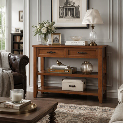 Console Mid-Century en bois massif avec 2 tiroirs et 2 tablettes, idéale pour le rangement du salon et du vestibule