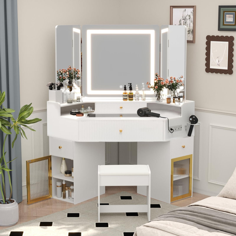Fluted Makeup Vanity Desk With Hd Triple Mirror And Lights, Large Corner Vanity Glass Top Vanity With 3 Drawers & 2 Glass Cabinets, Charging Station & Hair Dryer Holder, Vanity Set With Stool