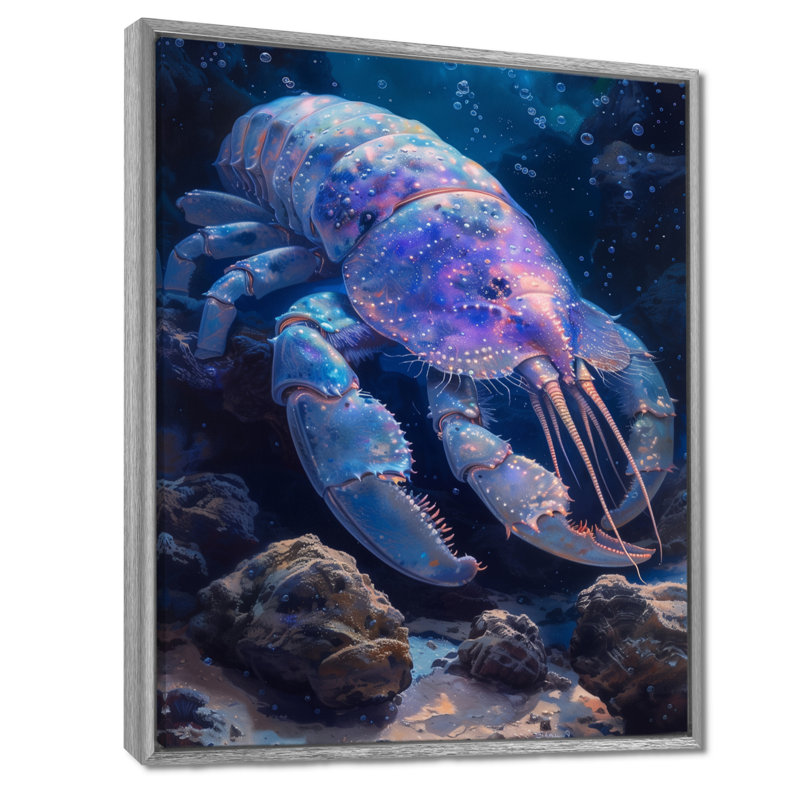 «Blue Glowing Abyss Crabe Creatures - Sea Creatures», reproduction d'art, H 12 po x l 20 po, Encadrement argenté