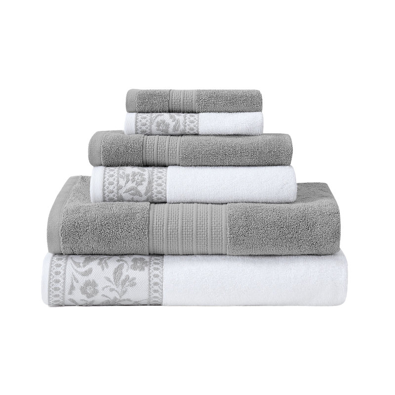 Modern Threads 6-Piece Jacquard Border Towel Set Allie – 100% Cotton, Quick Dry & Absorbent Bath, Hand & Washcloths – Elegant Floral Border