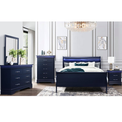 Lit très grand bleu avec lit lumineux style transitionnel en bois massif à DEL, +