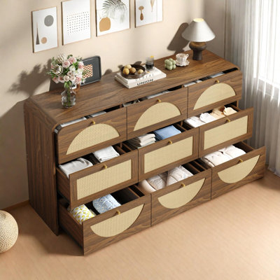 Commode de rangement à 9 tiroirs en rotin pour commode de chambre à coucher ou d'entrée