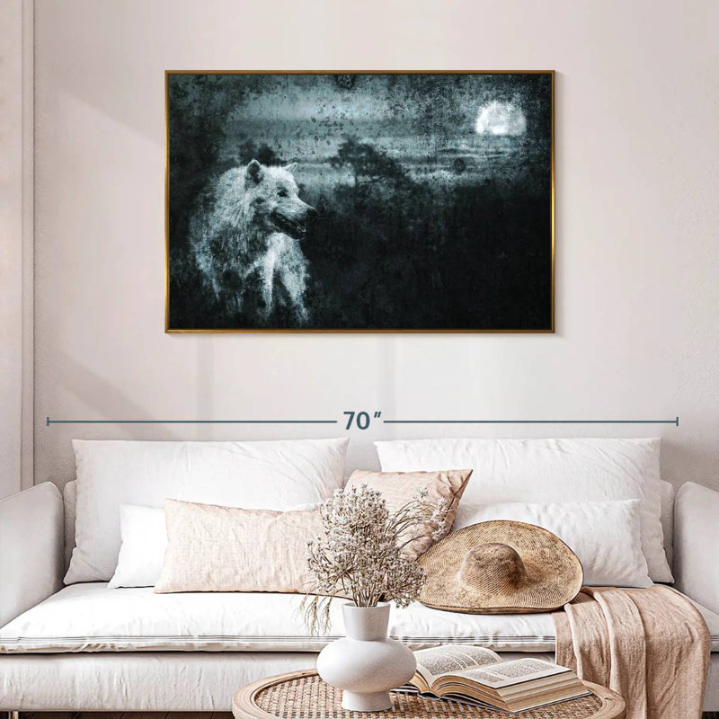 Loup solitaire blanc, Cadre flottant doré, 43 po x 29 po