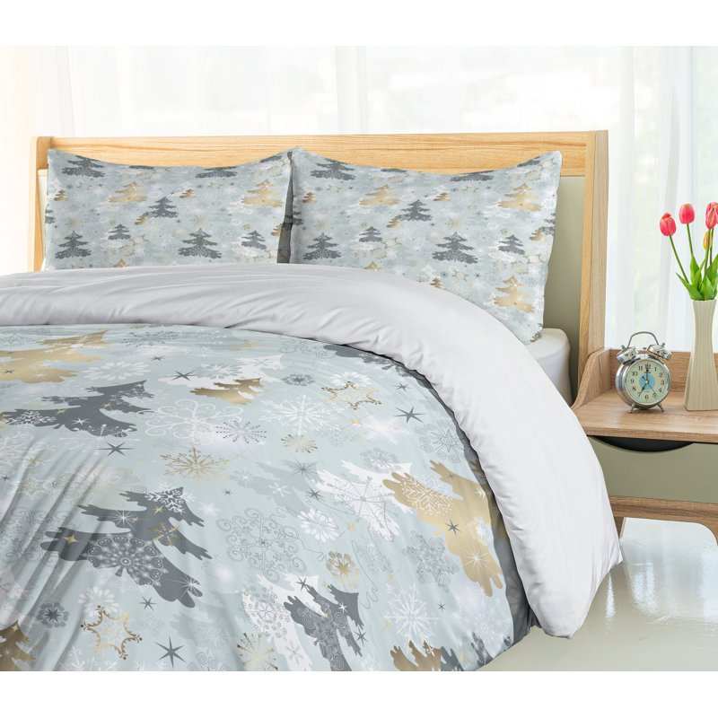 Retro Pine Tree and Snowflake Queen Duvet Cover Set