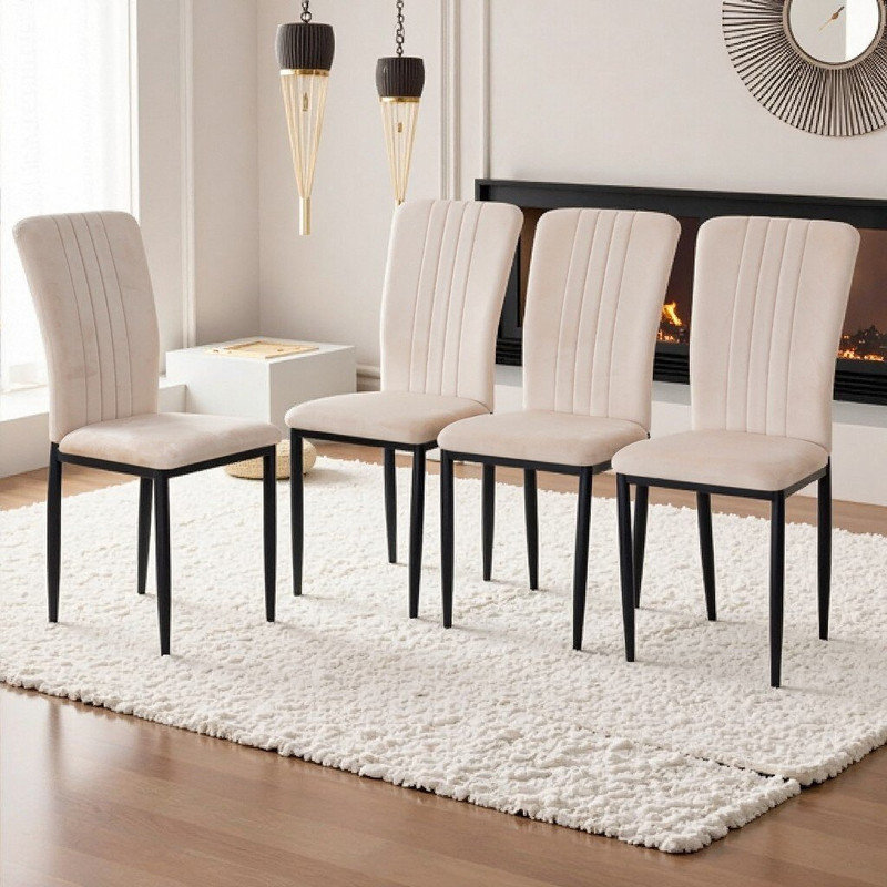 Ensemble de 4 chaises de salle à manger rembourrées en velours avec pieds en métal et pieds réglables, Beige
