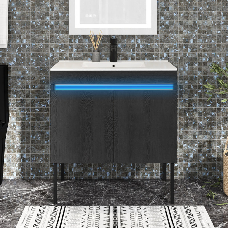 Meuble-lavabo simple 30 po avec plateau en céramique Leutrim, Noir