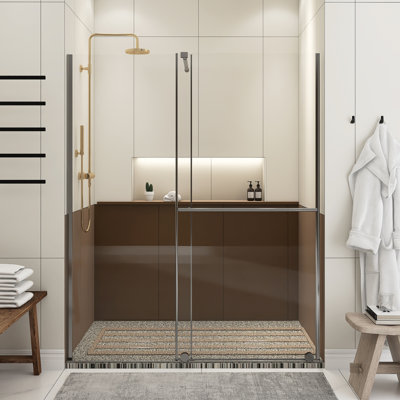 Porte de douche coulissante chromée l 30-60 po x H 72 po à double usage, panneau de verre épais 1/4 po, avec poignée en acier inoxydable et barre de support