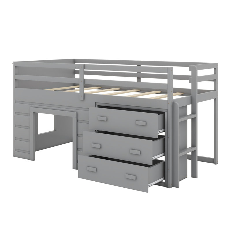 Lit mezzanine avec tiroirs et tablette, Gris