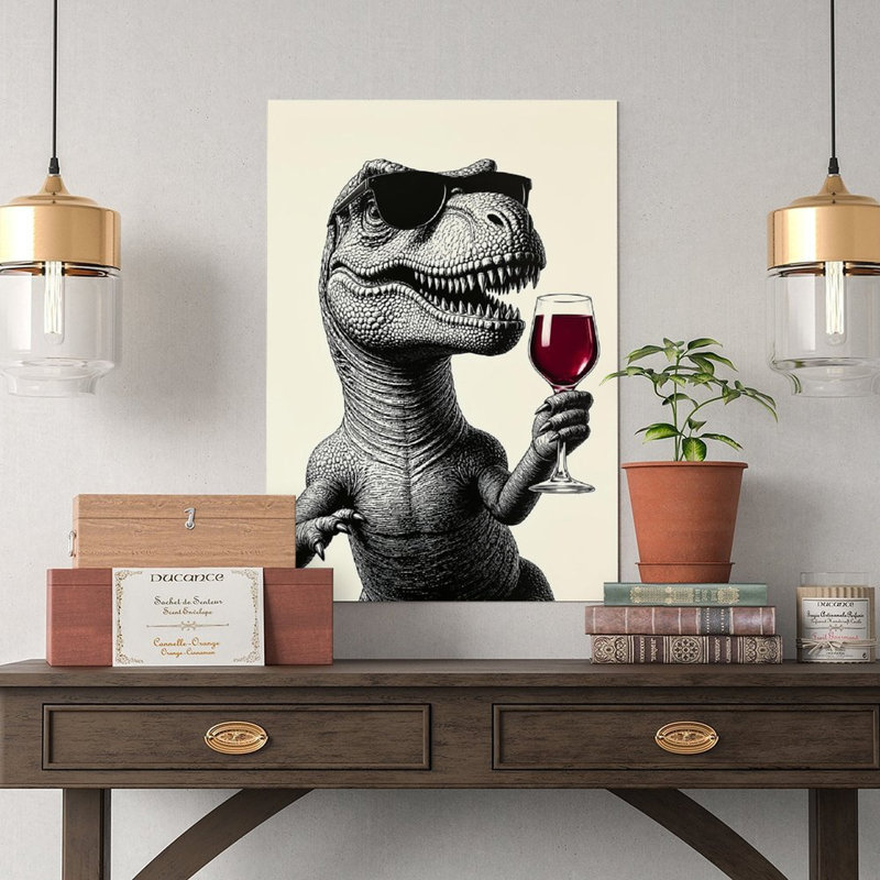 Impression sur toile, art mural T-Rex buvant du vin rouge-1 affiche rétro, 16x24in