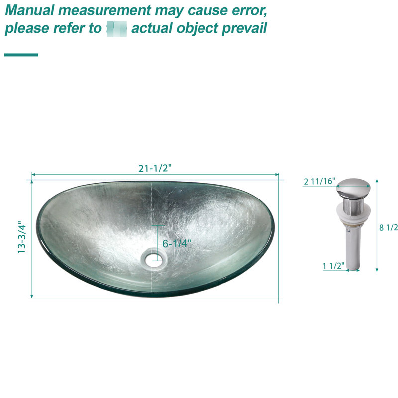 Lavabo de salle de bain en verre trempé argenté, mécanisme de vidange intégré, convient à différents styles d'intérieur, poids du produit : 5,96 kg, bonde en forme de bateau incluse, idéal pour un dressing, surface lisse facile à nettoyer.