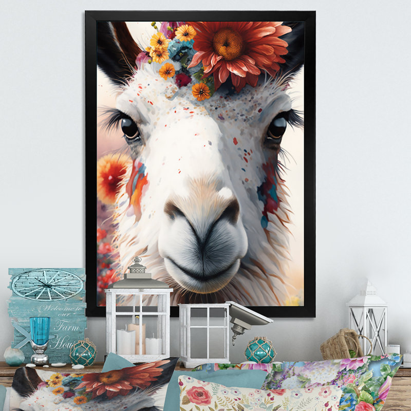 Lama avec fleurs II - reproduction sur toile, Impression noire sur toile encadrée, L 12 po x H 20 po
