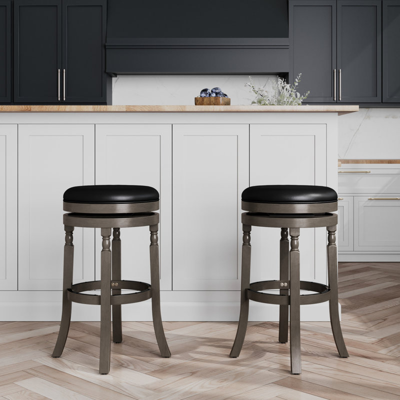 Tabouret de bar gris vieilli de 30 po avec cuir noir, siège pivotant à 360 degrés, siège de 17 po, repose-pieds de 12 po, tabouret en bois franc, siège en cuir, diamètre de 360, hauteur du repose-pieds, solide