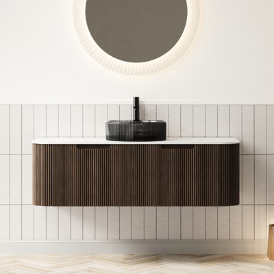 48" Bathroom Vanity, Storage With Transparent Black Crystal Glass Basin, 2 Drawers, Dark Walnut 3d Striped Finish, Soft Close Drawer Slides 48-inch Vanity Round Cabinet Wood Grain, Easy To Install