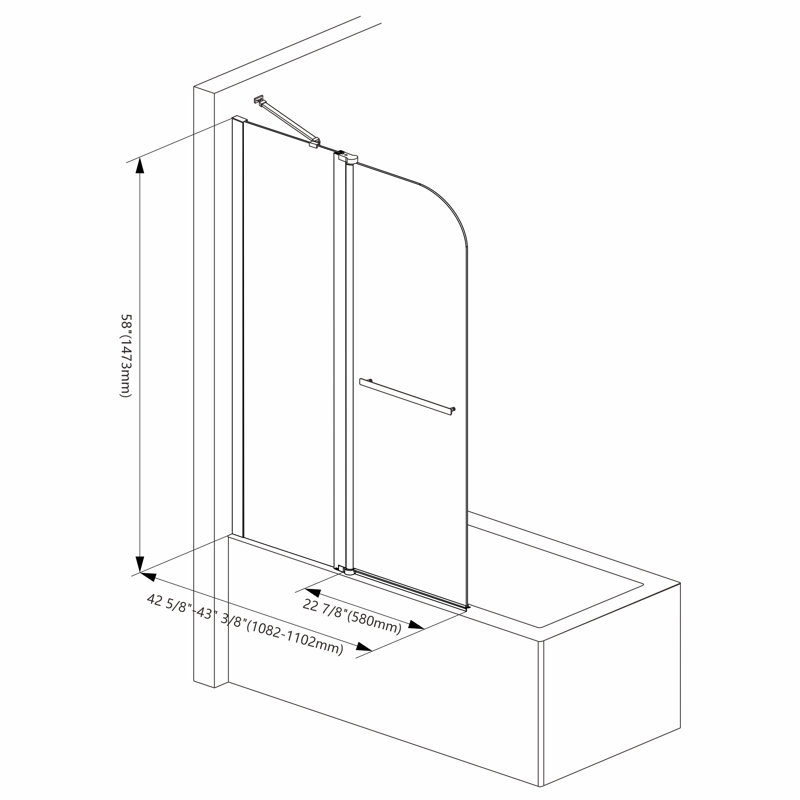 43-3/8" W x 58" H Frameless Pivot Tub Door with 1/4" Clear Tempered Glass, Chrome