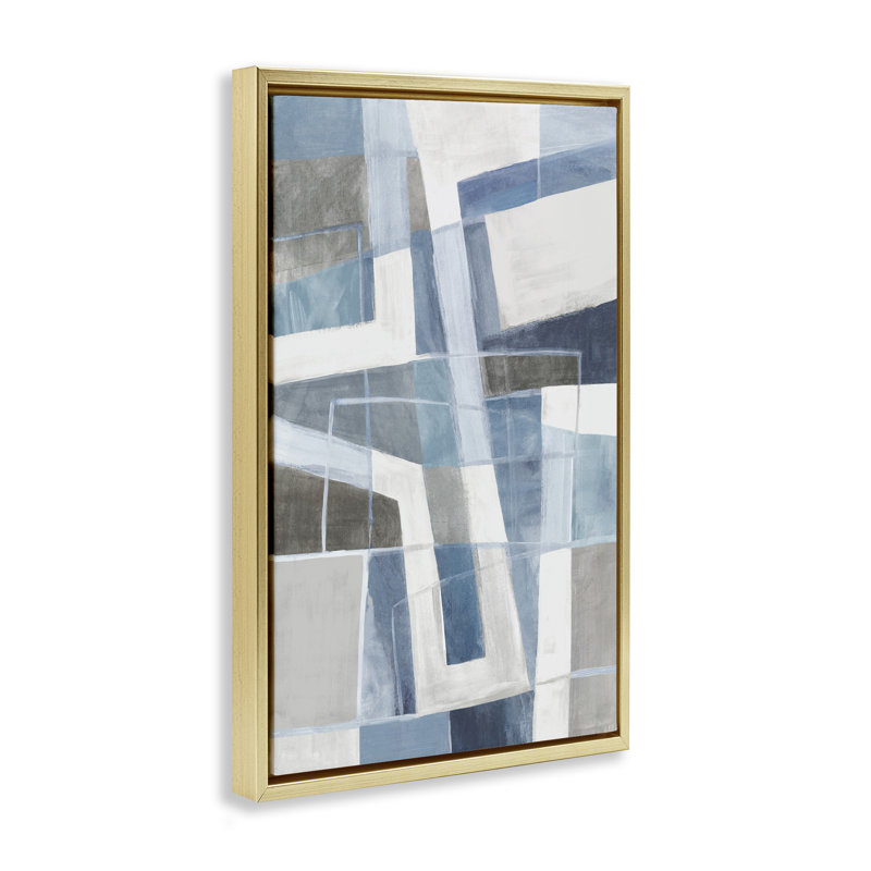 «Subtle Blue Geometrics», art mural encadré flottant, par Hannah Dawson, 31" H x 21" W, Cadre flottant métallique doré