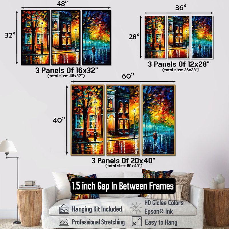 «Colorful Montreal City III», reproduction sur toile 3 pièces, H 32 po x l 48 po x P 1 po, Cadre argenté flottant