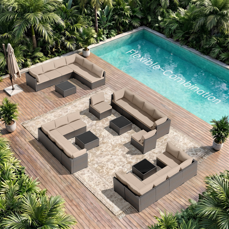 LAWNOOK Patio Furniture Set - All-Weather - 7 Piece Patio Outdoor Conversation Set, Modular Wicker Rattan Sectional Sofa for Backyard, Garden, Poolside, Balcony, Porch, Patio, Brown/Khaki