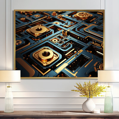 Blue Gold Mainframe Mechanics - Abstract Print Wall Art