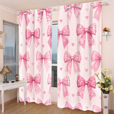 Ensemble de 2 rideaux occultants à œillets avec nœud rose kawaii, motif nœud rose style fille, obscurcissant la pièce, réduisant le bruit, protégeant l'intimité, isolant thermique, pour la décoration d'un bureau ou d'une chambre.
