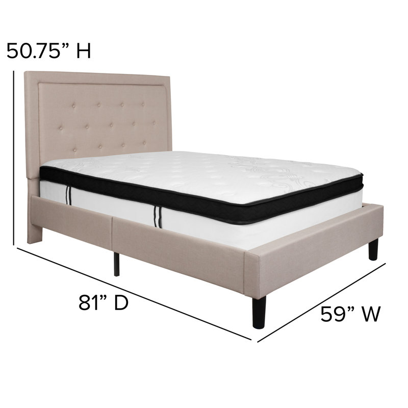 Aluino Panel Tufted Platform Bed and Memory Foam Pocket Spring Mattress, Beige, Full