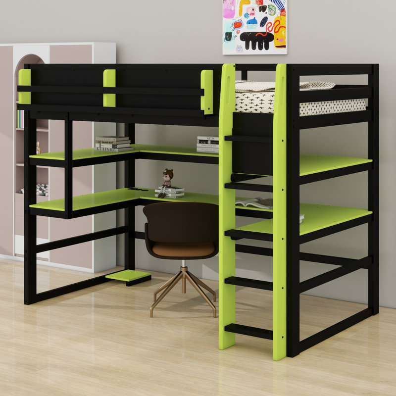Lit mezzanine multifonctionnel en bois avec bureau intégré, tablettes de rangement et éclairage RVB, Lit simple, Vert