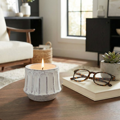 Bougie parfumée Magnolia et Lys pour tablette - Objet décoratif cannelé en terre cuite pour table basse, chambre ou salon - 12,5 cm, blanc et ivoire